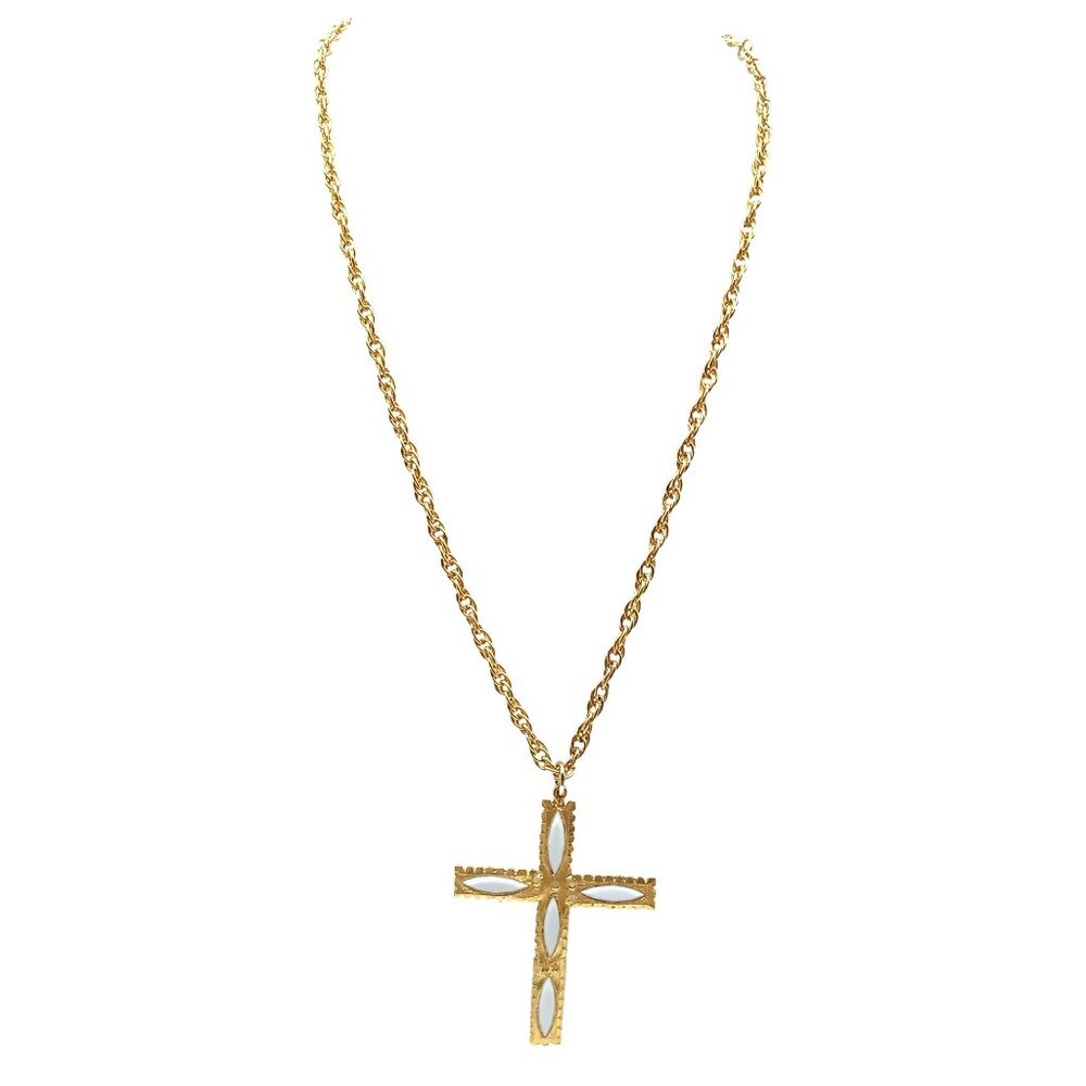 Vintage Gold-Tone Cross Pendant Necklace with White Gemstone Accents